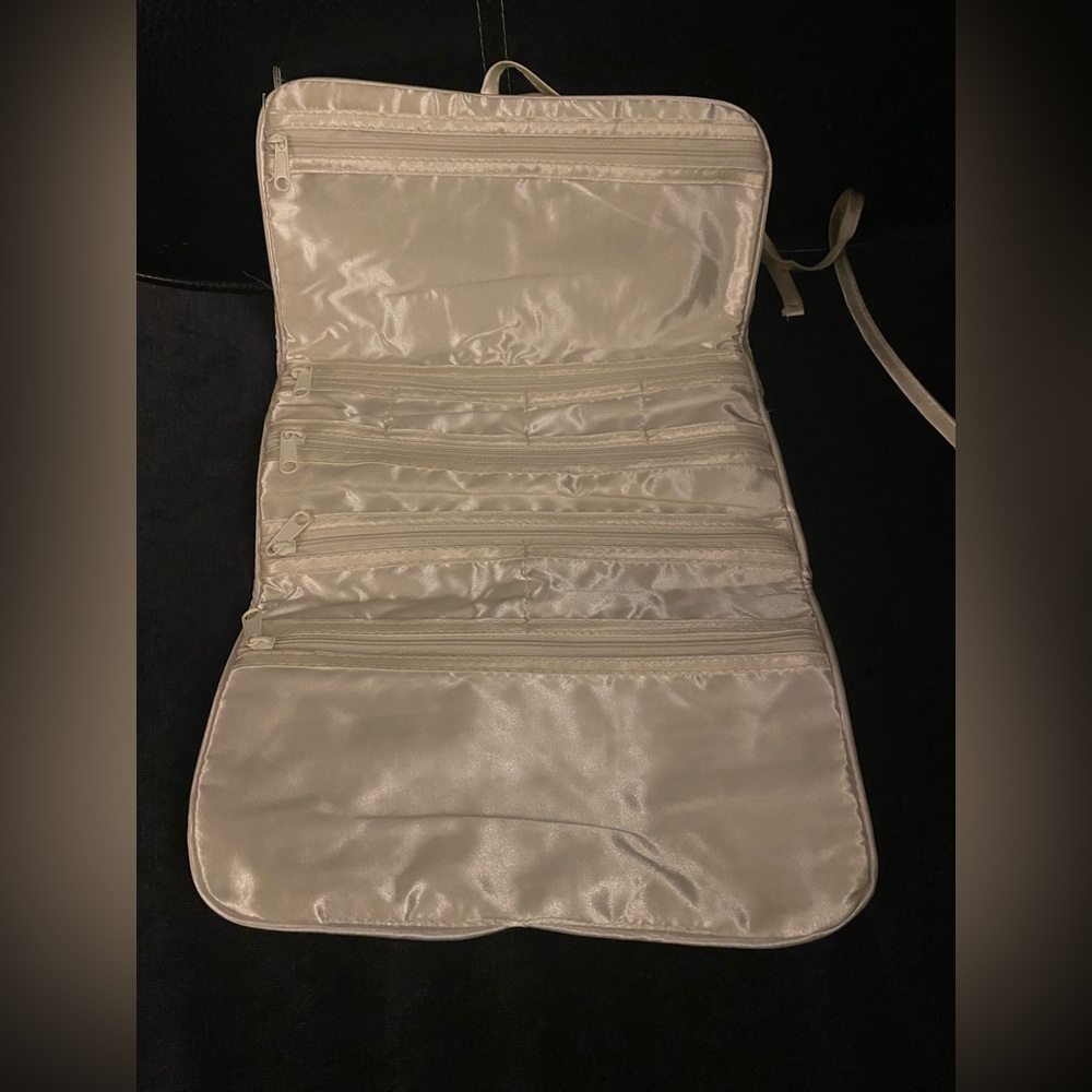 Satiny White Tie-Front Cosmetic Bag | Travel Makeup Organizer | Clutch - Picture 3 of 4